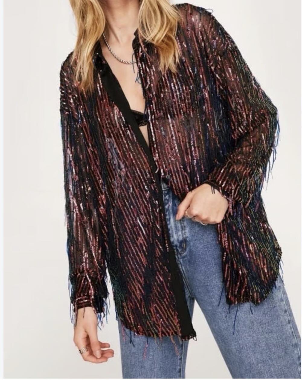 Nasty Gal Shirt Sheer Mesh Sequin Fringe Shirt Size16 XL Rocker Glam Disco Vegas